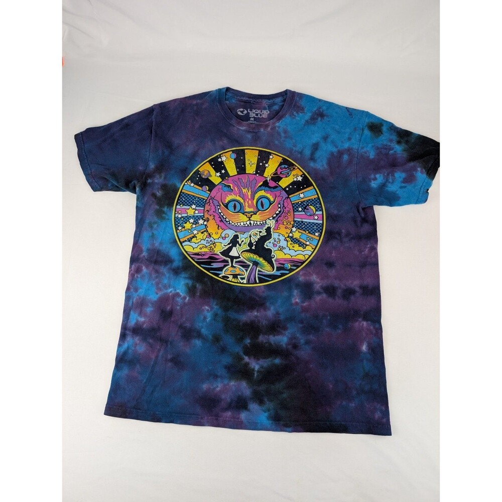 Men's M Liquid Blue Tie-Dye T-Shirt Cheshire Cat Graphic Alice In Wonderland